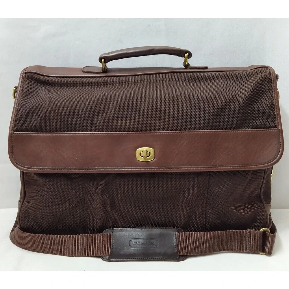 Coach Brown Nylon Leather Turnlock Briefcase Messenger Crossbody Bag - Vintage